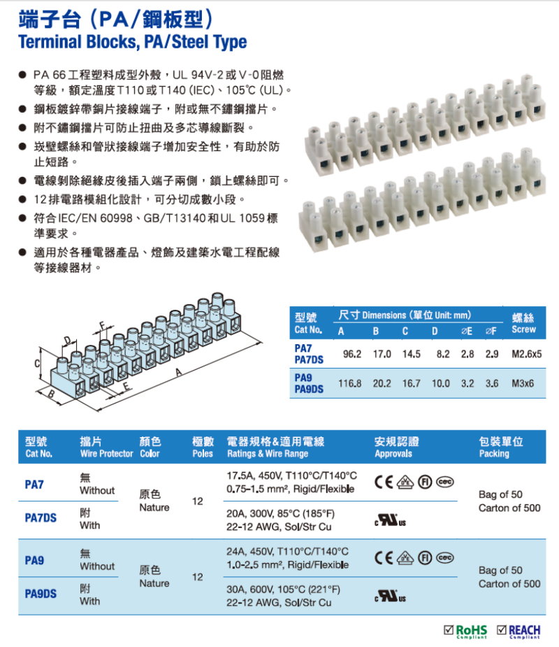 PA9DS 端子台-加高型, 鋼板端子